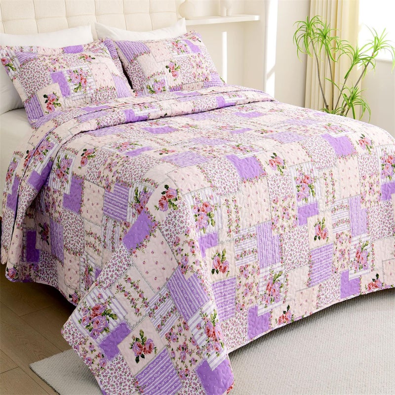 Cmfshape Garden Floral Quilt Bedspread Twin Size,Patchwork Lilac Quilt Set with 1 Pillow Sham,Summer Bedding Set for Girls Women,Soft Lightweight Bed Coverlet for All Seasons(Twin68x86 Lavender) - Image 1