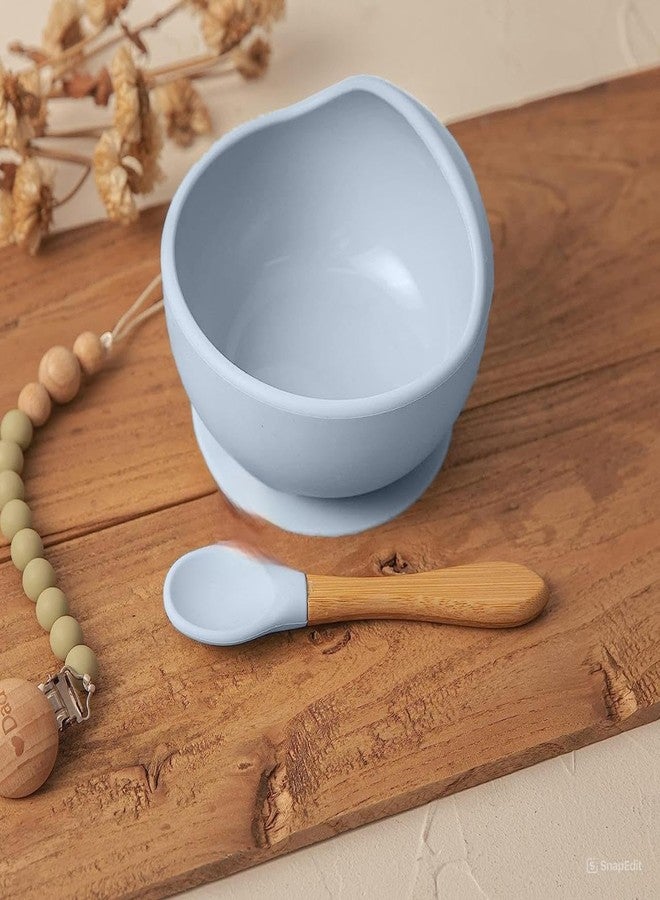 FLOXIT Baby Kids Feeding Silicone Bowl & Wooden Handle Spoon for Babies and Toddler Microwave Dishwasher Safe Bowls with Suction Stay Toddlers Infants Baby Led Weaning Spoon Baby Utensils (Sky Blue) - Image 2