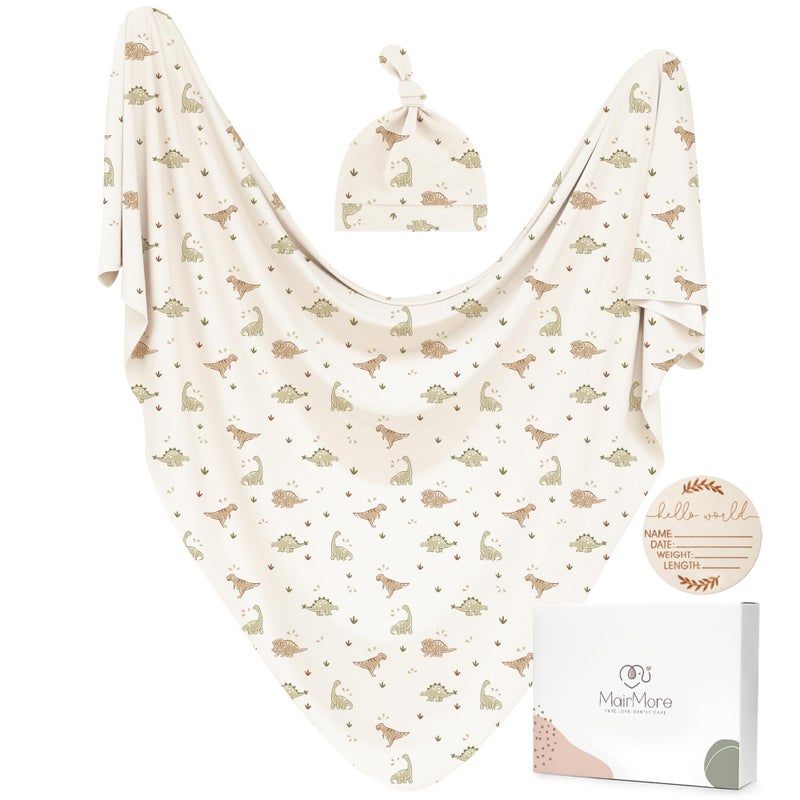 MairMore Baby Swaddle Receiving Blankets with Matching Beanie Set Newborn Nursery Swaddle Wrap for Baby Girls and Boys Green Dinosaurs - Image 2