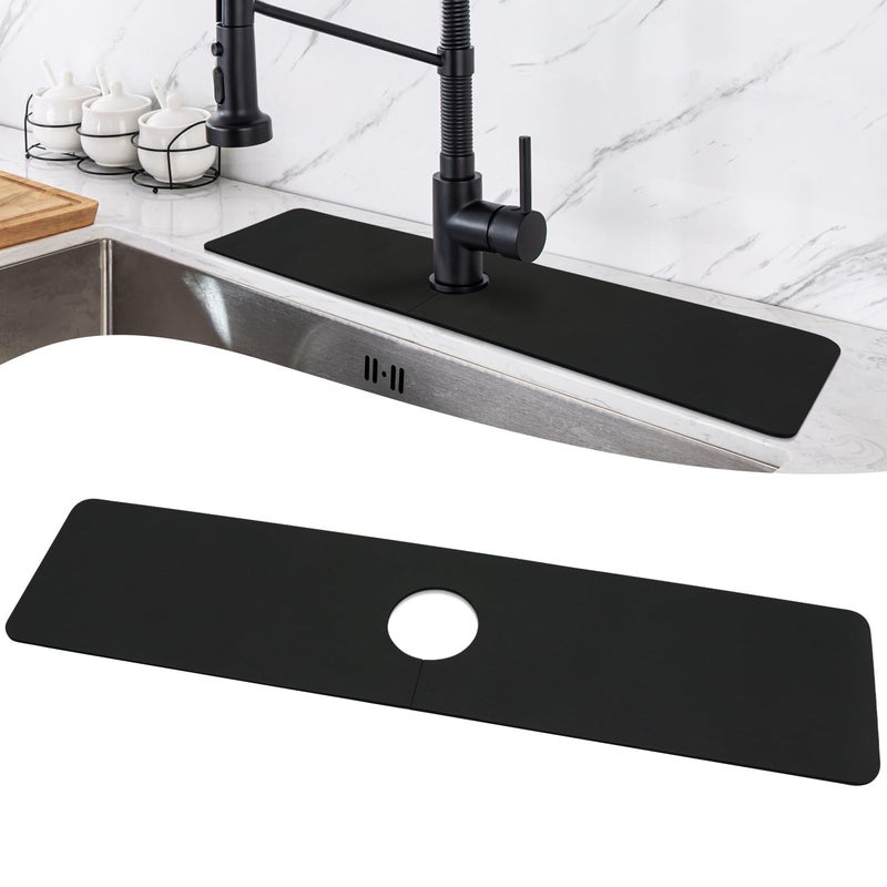 LOPNUR Faucet Mat for Kitchen Sink Protectors, 24 Inch Long Kitchen Sink Splash Guard Behind Faucet, Cuttable Bathroom Water Splash Guard with Super Absorbent Diatomite Fast Drying, Black - Image 1