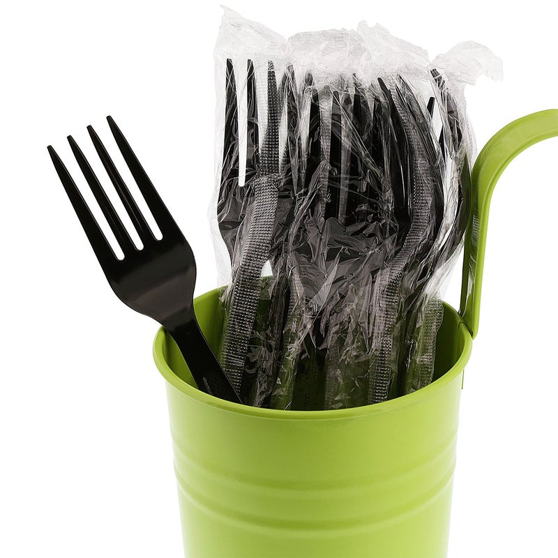 AmerCareRoyal Heavy Weight Individually Wrapped Disposable Polystyrene Plastic Forks for Restaurants and Catering Black Pack of 1000
