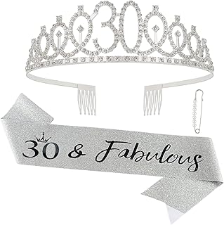 CAVETEE Sliver 30 & Fabulous Birthday Sash and Crown 30th Birthday Tiaras and Sash Set for Women Birthday Decorations - Image 1