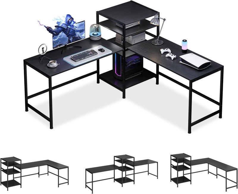 JOYSEUS Extra Long Computer Desk for Two People, with Bookshelf, L-Shape Design, Large Office Desk Study Table with CPU Stand and Storage Shelves, Adjustable Feet (black) - Image 3