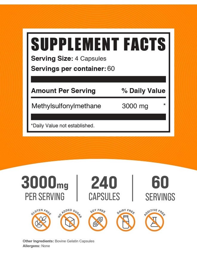 BulkSupplements.com MSM Capsules - Methylsulfonylmethane, MSM Supplement Capsules - MSM Pure Capsules, MSM 3000mg - Joints Supplements, 3 Capsules per Serving, 60-Day Supply, 240 Capsules - Image 2
