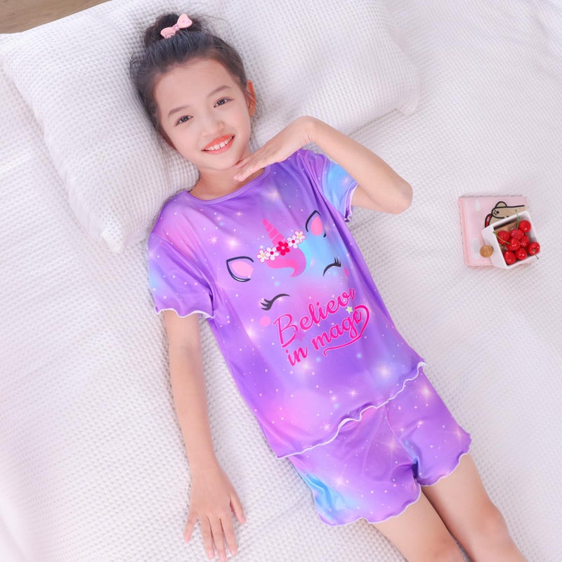 MHJY Girls Pajama Sets Ruffled Sleepwear Casual Short Sleeve Shirt 2pcs Summer Pjs Set for Kids - Image 3