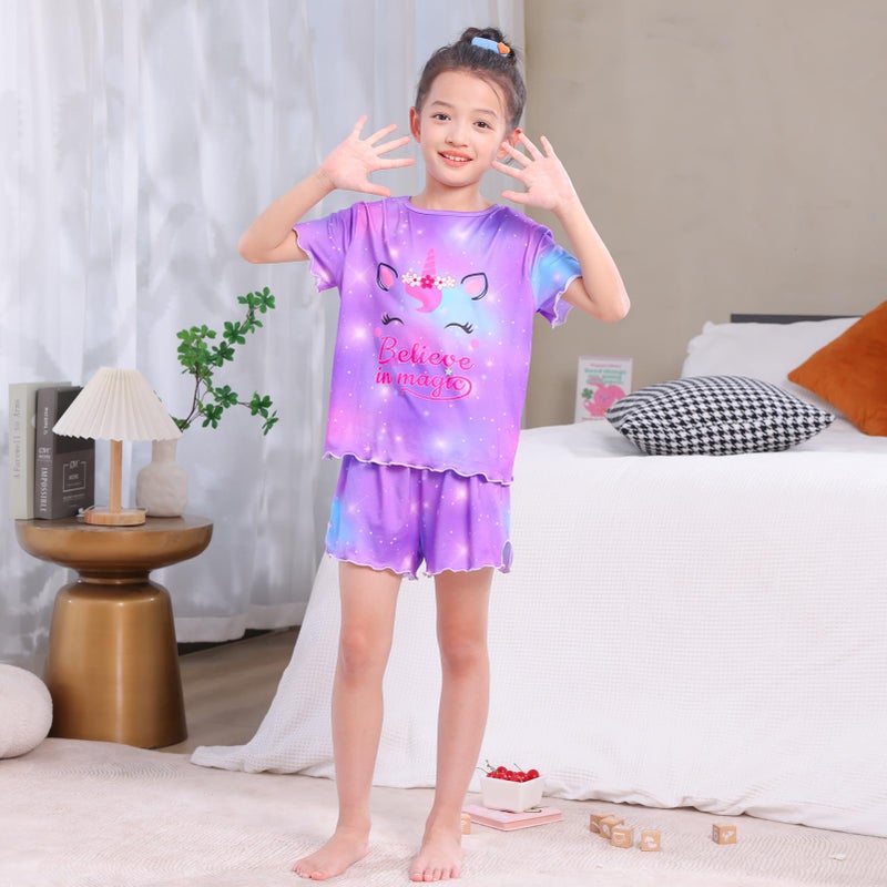 MHJY Girls Pajama Sets Ruffled Sleepwear Casual Short Sleeve Shirt 2pcs Summer Pjs Set for Kids - Image 2