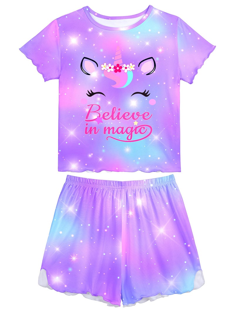 MHJY Girls Pajama Sets Ruffled Sleepwear Casual Short Sleeve Shirt 2pcs Summer Pjs Set for Kids - Image 1