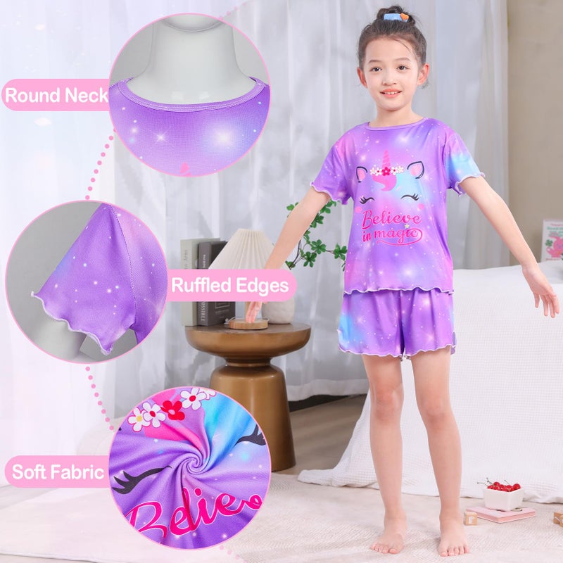 MHJY Girls Pajama Sets Ruffled Sleepwear Casual Short Sleeve Shirt 2pcs Summer Pjs Set for Kids - Image 4