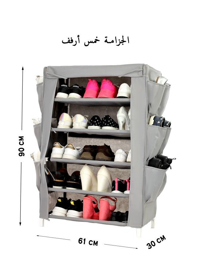 TTTP The Professionals Choice Shoe Rack W/Fabric Cover, 5 Shelves & 6 Pockets On Each Side 61x30x90 cm Gray Color  - Image 2