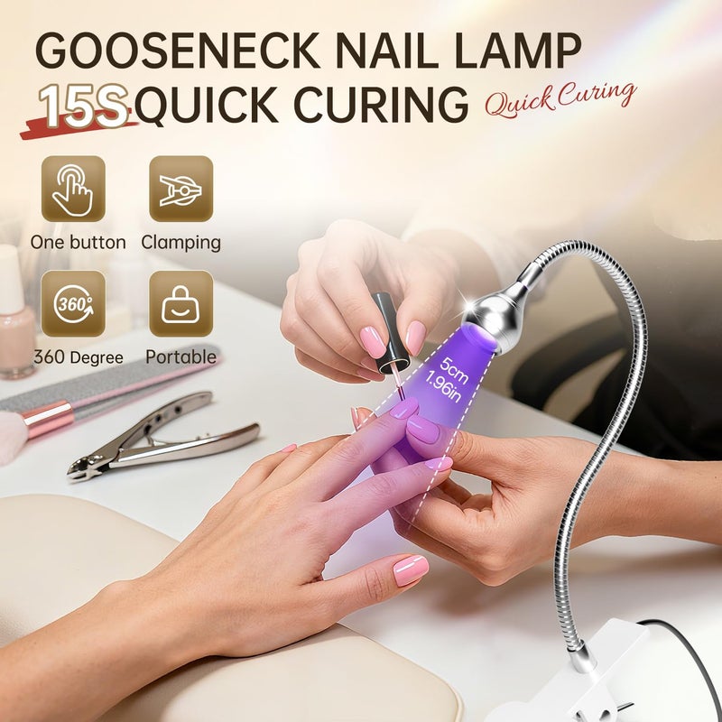 AORAEM U V Nail Lamp,Sliver 3W U V Light for Nails 35NM U V Gel X Nail Lamp with Gooseneck and Clamp for Gel Nail (AA-Silver) - Image 2