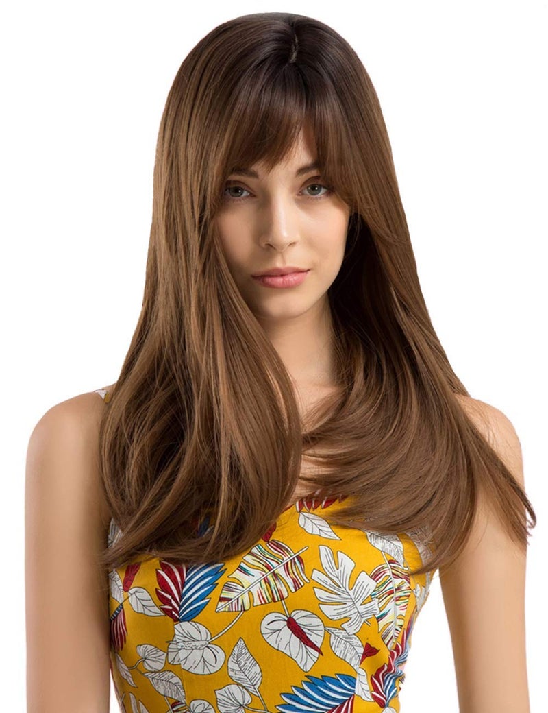 LUSH LOCKS® Human Wigs with Bangs Long Straight Brunette Wig Natural Look Realistic Synthetic Hair Wig For Women and Girl (Brown) - Image 1