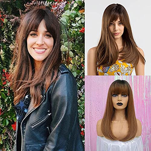 LUSH LOCKS® Human Wigs with Bangs Long Straight Brunette Wig Natural Look Realistic Synthetic Hair Wig For Women and Girl (Brown) - Image 2