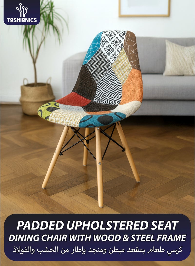 Toshionics Patchwork Upholstered Accent Chairs with Wooden Legs And Metal Support Mid-Century Modern Multicolor Dining Chairs Linen Fabric for Home, Kitchen, Living Room, Entryway, Study Room, Lounge, Café, Hotel, Restaurant, Balcony, Office Ergonomic Polypropylene Shell, 120kg Load Capacity - Image 1