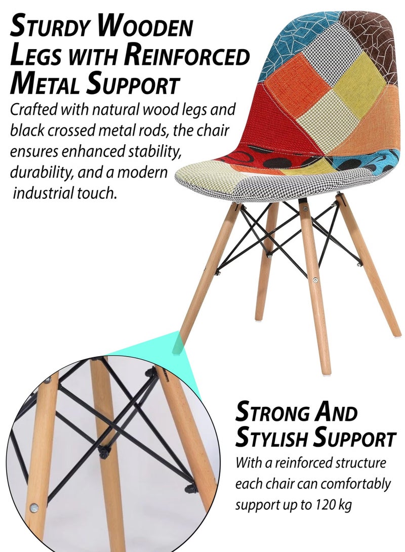Toshionics Patchwork Upholstered Accent Chairs with Wooden Legs And Metal Support Mid-Century Modern Multicolor Dining Chairs Linen Fabric for Home, Kitchen, Living Room, Entryway, Study Room, Lounge, Café, Hotel, Restaurant, Balcony, Office Ergonomic Polypropylene Shell, 120kg Load Capacity - Image 5