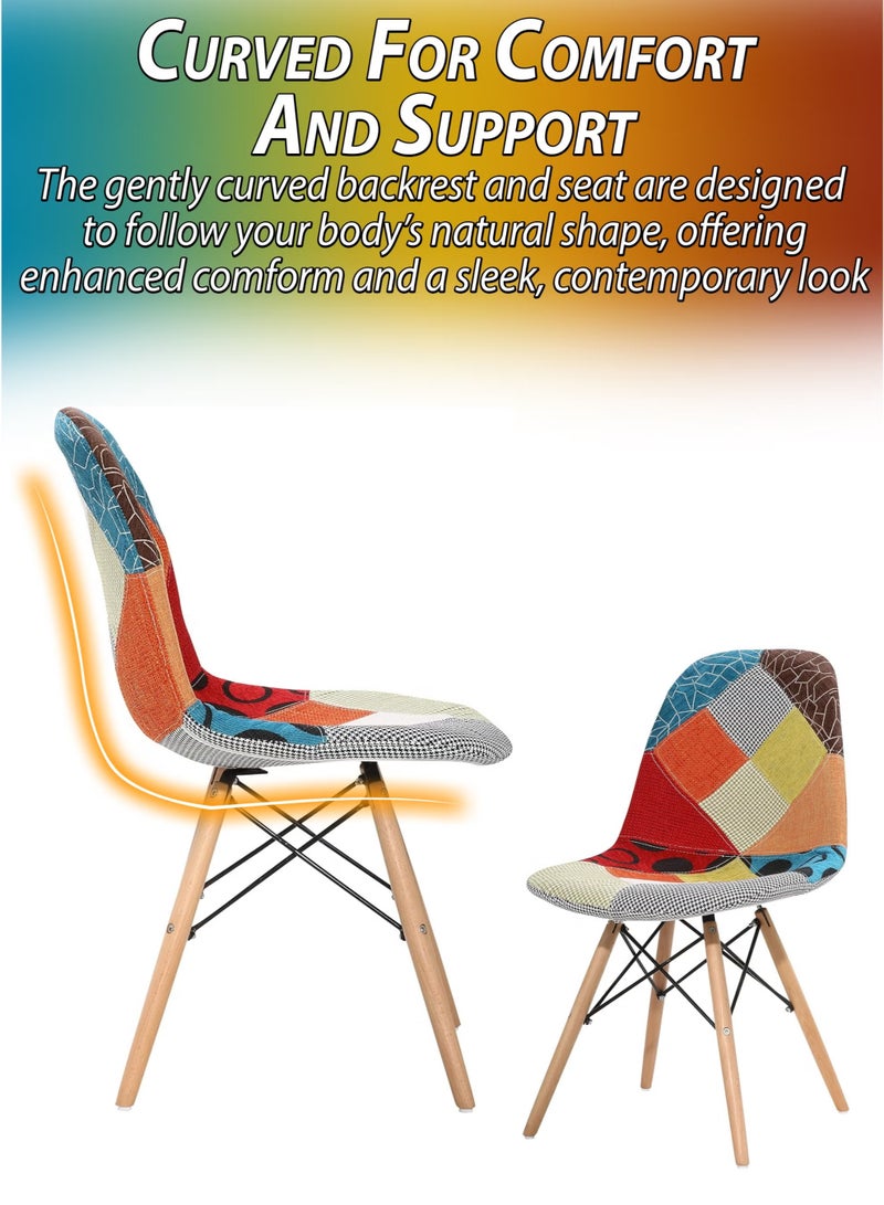 Toshionics Patchwork Upholstered Accent Chairs with Wooden Legs And Metal Support Mid-Century Modern Multicolor Dining Chairs Linen Fabric for Home, Kitchen, Living Room, Entryway, Study Room, Lounge, Café, Hotel, Restaurant, Balcony, Office Ergonomic Polypropylene Shell, 120kg Load Capacity - Image 4