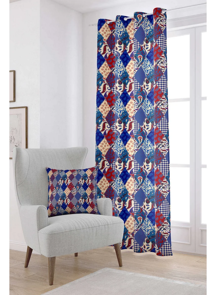 Cango Home Red Navy Blue Ethnic Patchwork Patterned Digital Printed Curtain CGH622-PR