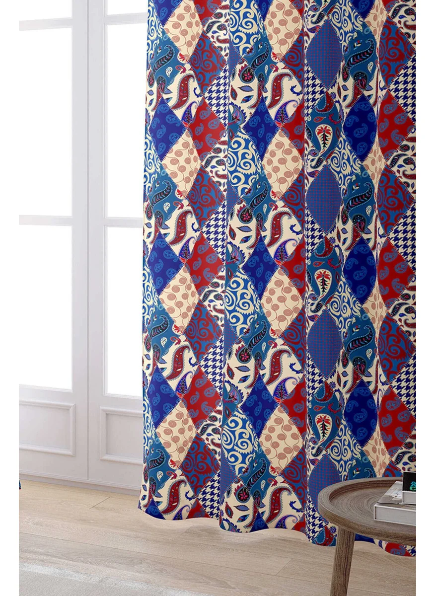 Cango Home Red Navy Blue Ethnic Patchwork Patterned Digital Printed Curtain CGH622-PR