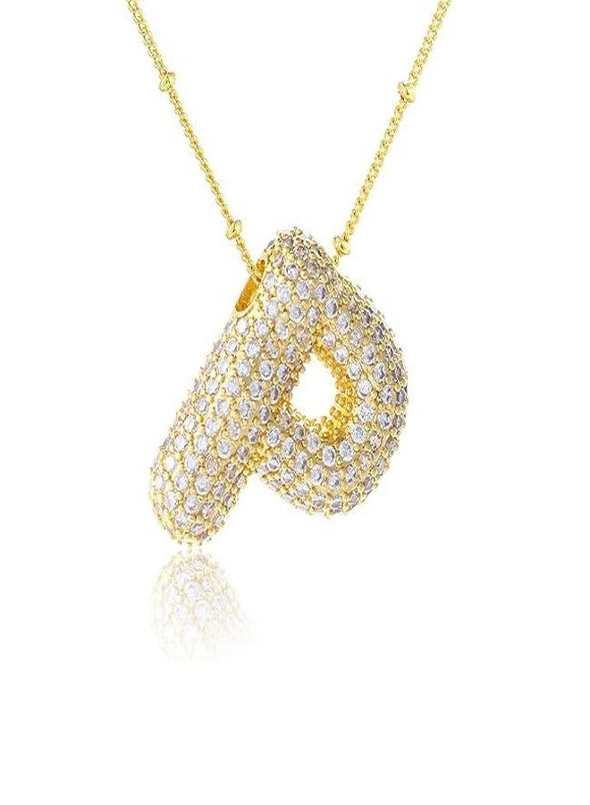 MEENAZ Diamond Bubble A-Z Letter 18K Anti Tarnish Gold Pendant Necklace for Girls Women | P Alphabet Initial Necklaces Chain | Stainless Steel Jewellery | Birthday Valentine Gifts for Girlfriend AD CZ - Image 1