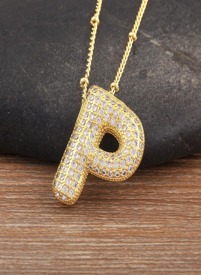 MEENAZ Diamond Bubble A-Z Letter 18K Anti Tarnish Gold Pendant Necklace for Girls Women | P Alphabet Initial Necklaces Chain | Stainless Steel Jewellery | Birthday Valentine Gifts for Girlfriend AD CZ - Image 2