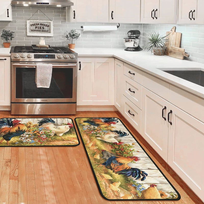 OUXIOAZ Rooster Kitchen Rugs and Mats Non Skid Washable Absorbent Microfiber Kitchen Mat for Floor Kitchen Mat Set of 2 Rooster Kitchen Decor Stain Resistant 17x4717x30