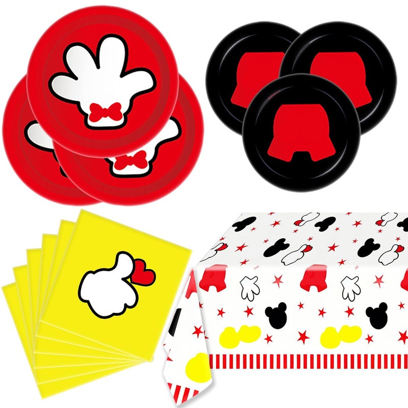 OULUN Mouse Theme Party Supplies Kit 16 Paper Plates 8pcs 9 inch 8pcs 7 inch 20 Napkins Table Cloth Red Mouse Cartoon Birthday - Image 2