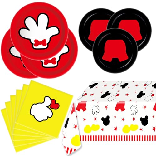 OULUN Mouse Theme Party Supplies Kit 16 Paper Plates 8pcs 9 inch 8pcs 7 inch 20 Napkins Table Cloth Red Mouse Cartoon Birthday - Image 1