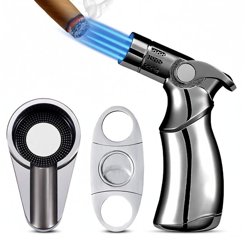 Cutter and Lighter Ashtray 3 Pieces Set Stainless Steel Sharp Cutter and Quadruple Jet Flame Lighter and Travel Single Ashtray with Gift Box Accessories for Men - Image 1