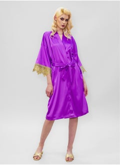 BITOLIA GALLERY Stretch Taffeta Lavender Robe with Gold Lace  - Image 1