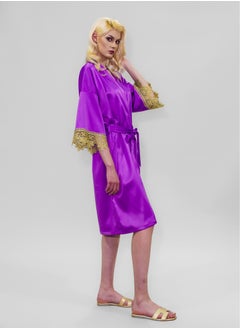 BITOLIA GALLERY Stretch Taffeta Lavender Robe with Gold Lace  - Image 3