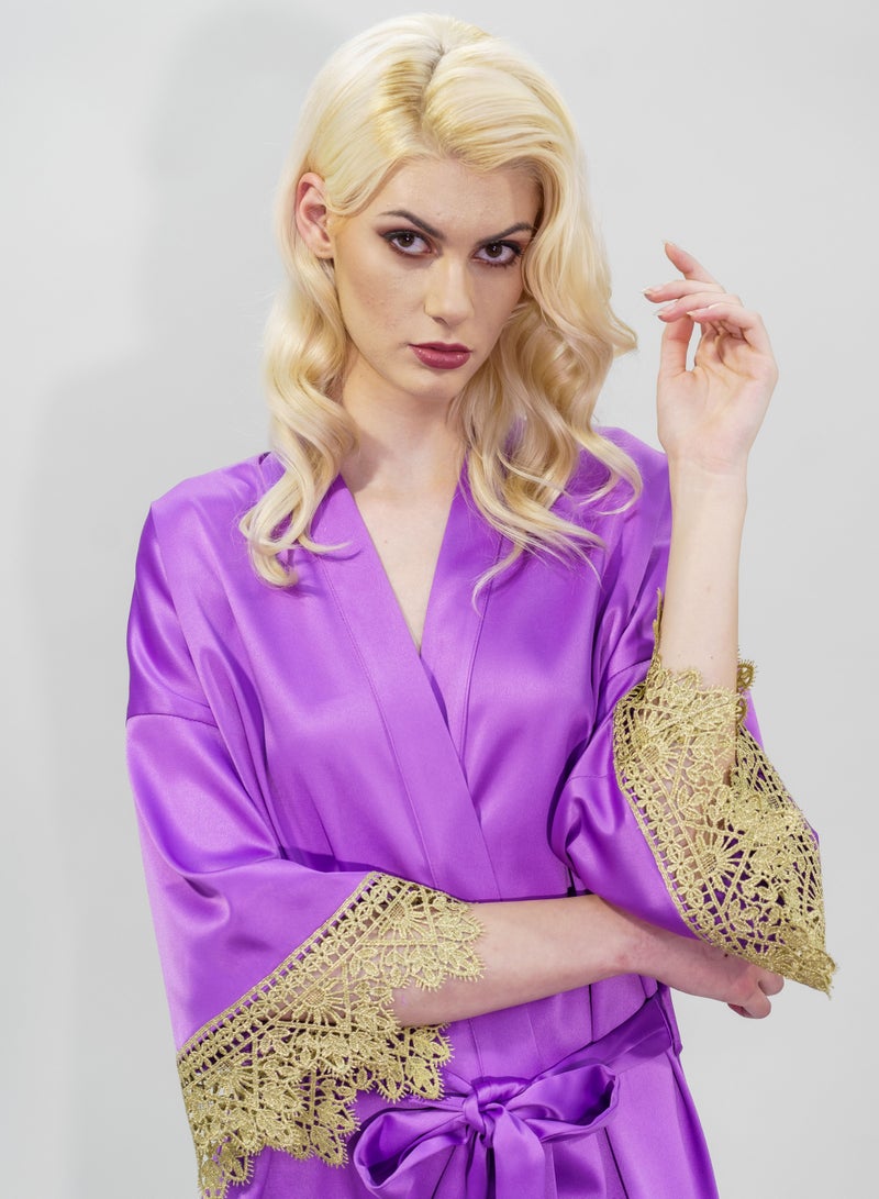 BITOLIA GALLERY Stretch Taffeta Lavender Robe with Gold Lace  - Image 5