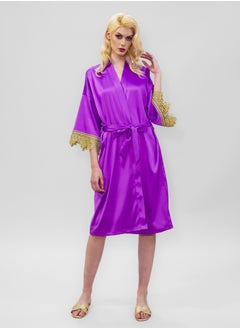 BITOLIA GALLERY Stretch Taffeta Lavender Robe with Gold Lace  - Image 4