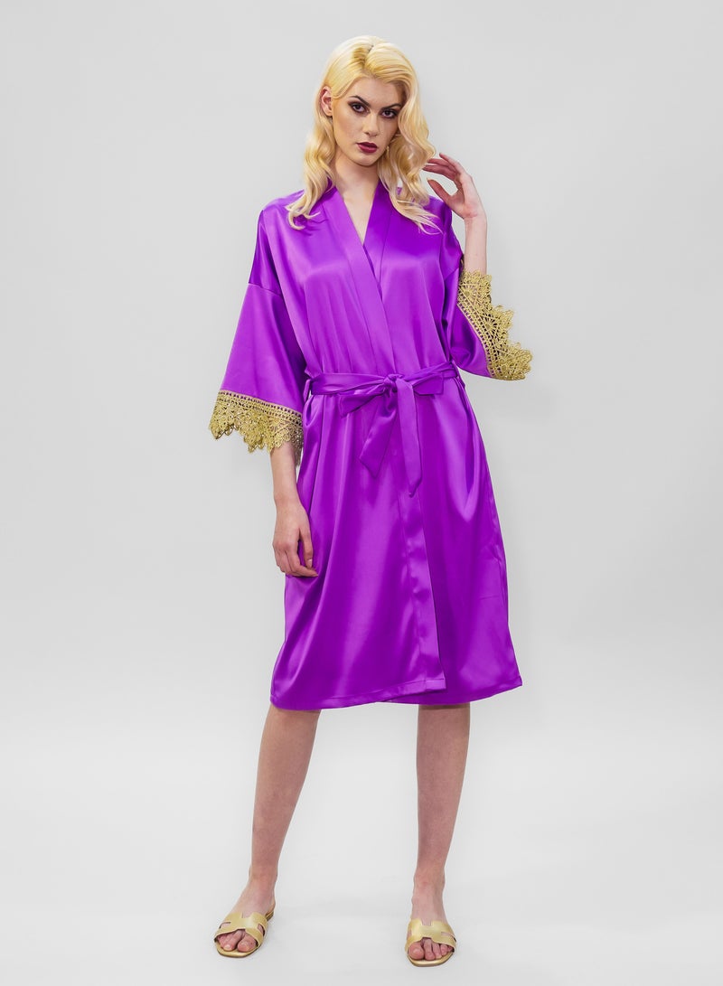 BITOLIA GALLERY Stretch Taffeta Lavender Robe with Gold Lace  - Image 4