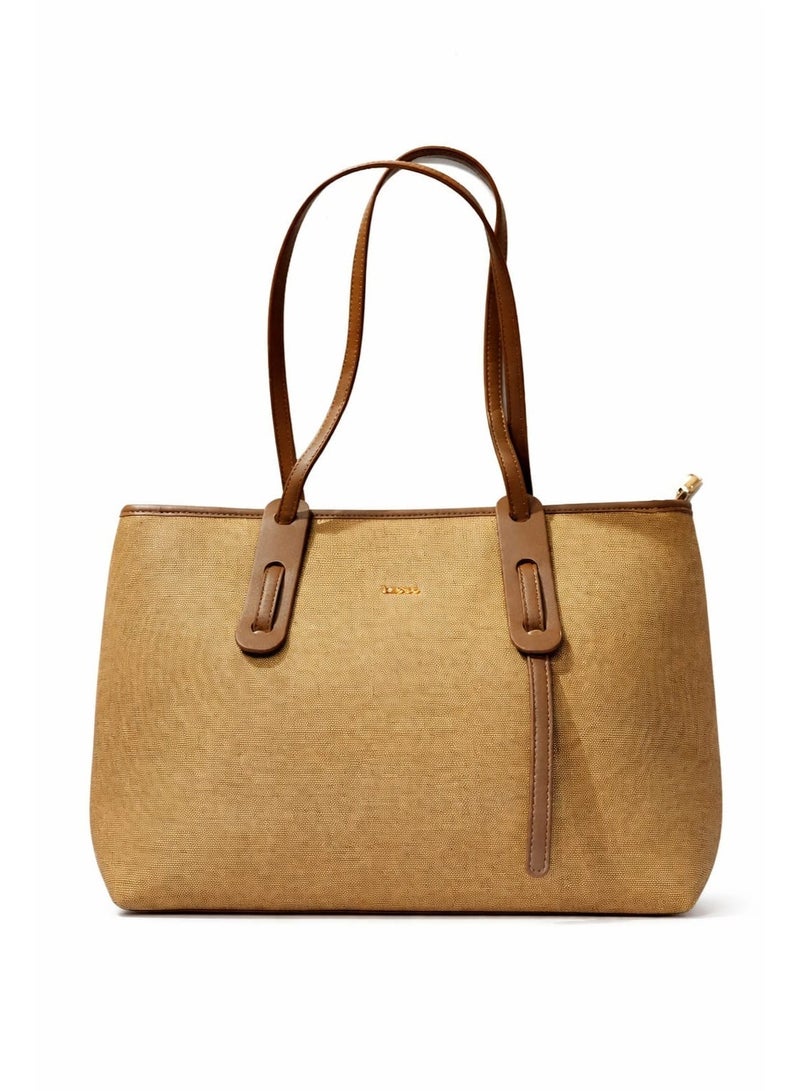 BAGCO Women’s Canvas Tote Handbag with Dual Shoulder Straps and Faux Leather Trim – Beige - Image 1