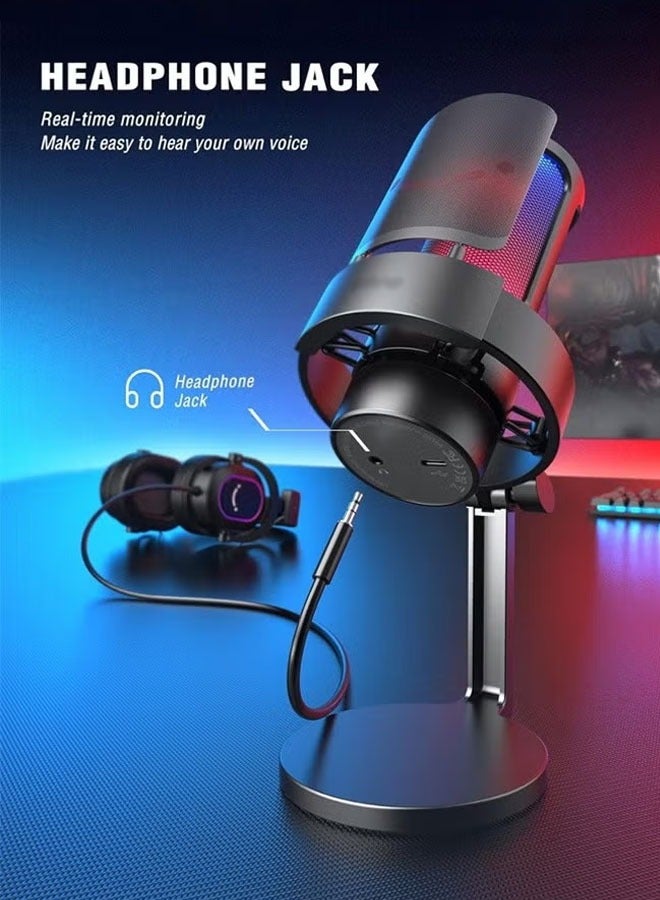 عام Gaming Microphone, Condenser Microphone, USB Microphone for PC with RGB, Touch Mute, Plug and Play, Gain knob  Monitoring Mic for Streaming, Podcast, Studio Recording（White） - Image 5