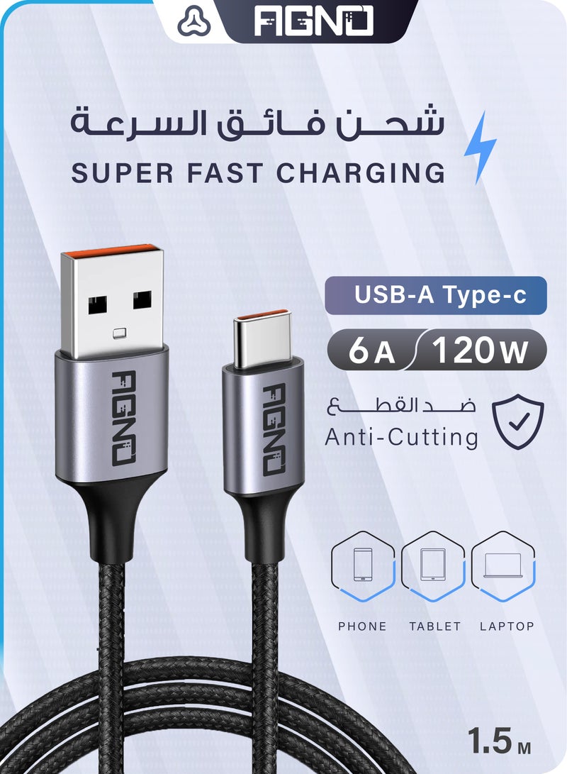 آقنو شاحن تايب سي يو اس بي أصلي 120 واط بطول 1.5 متر للاستخدام اليومي والشحن السريع للأجهزة الإلكترونية - Image 1
