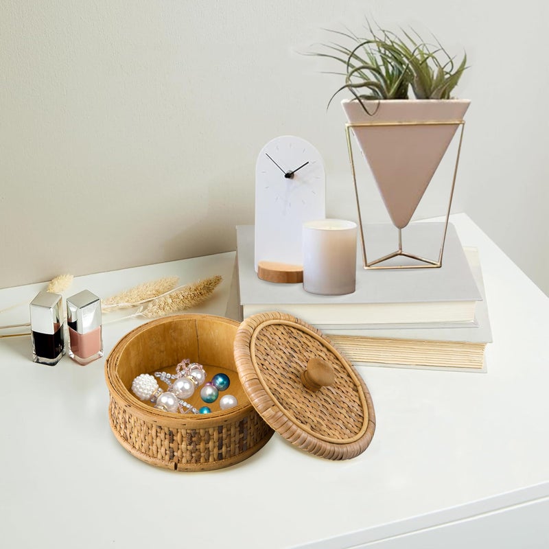SOFE Small Round Rattan Box with Lid, Decorative Storage Boxes, Rattan Storage Basket for Jewelry, Candies, Snacks, Keys, Desktop Farmhouse Woven Boxes for Decor, 5.7 Inches - Image 4