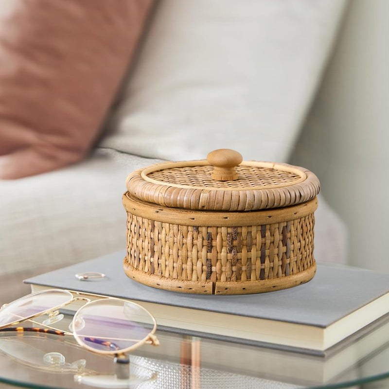 SOFE Small Round Rattan Box with Lid, Decorative Storage Boxes, Rattan Storage Basket for Jewelry, Candies, Snacks, Keys, Desktop Farmhouse Woven Boxes for Decor, 5.7 Inches - Image 5