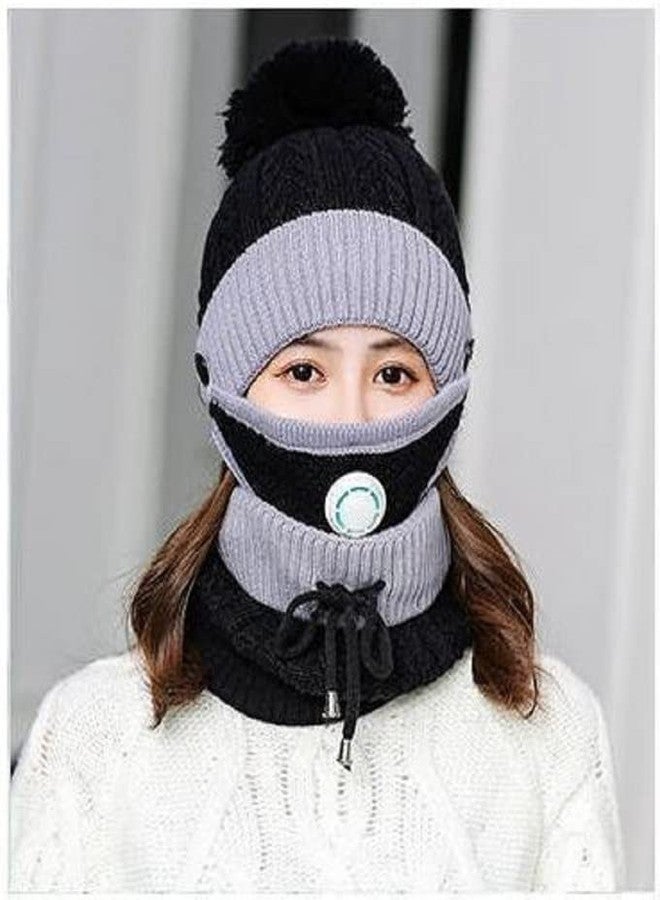 JMP Girl's/Women's Winter Warm Woolen (Inside Fur) /Beanie + Neck Cover (with Detachable Filtered mask) (Black)(Special for Winters) - Image 2