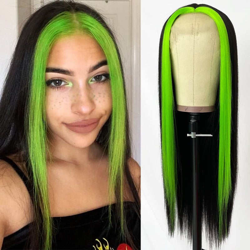 QD-Tizer Synthetic Lace Front Wigs Black Long Straight Hair Fluorescent Green Highlights Wig Heat Resistant Fiber Natural Hair Line Middle Part - Image 1