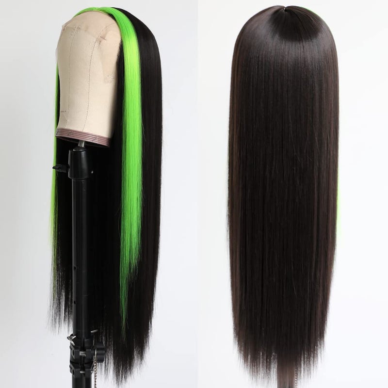QD-Tizer Synthetic Lace Front Wigs Black Long Straight Hair Fluorescent Green Highlights Wig Heat Resistant Fiber Natural Hair Line Middle Part - Image 4