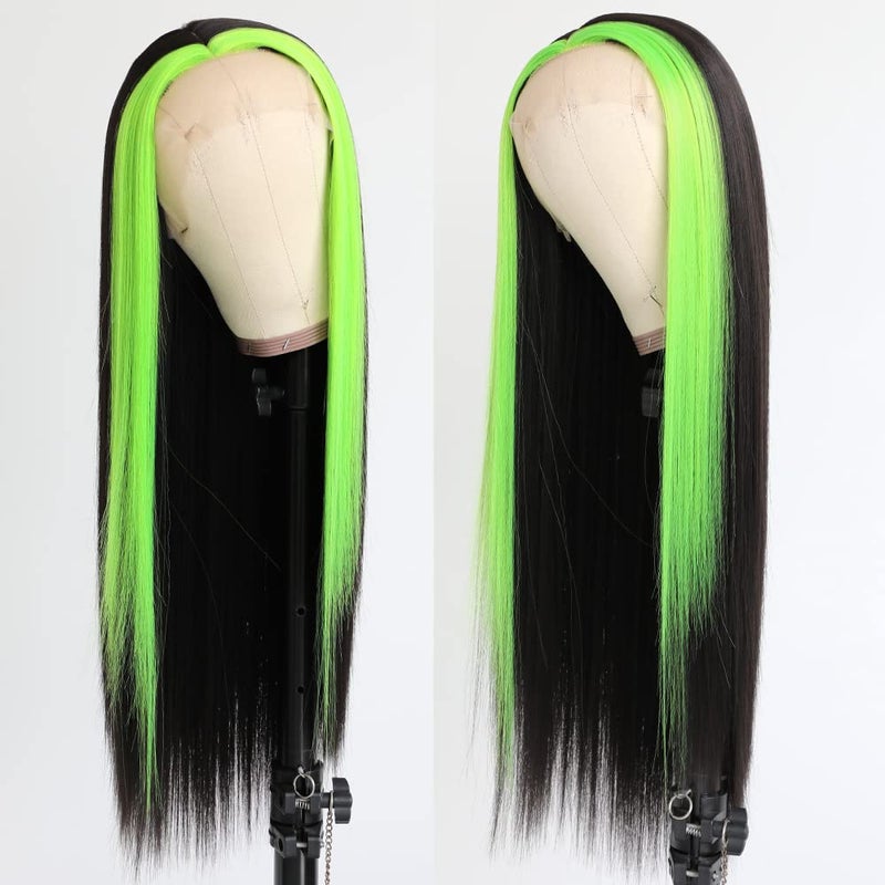 QD-Tizer Synthetic Lace Front Wigs Black Long Straight Hair Fluorescent Green Highlights Wig Heat Resistant Fiber Natural Hair Line Middle Part - Image 3
