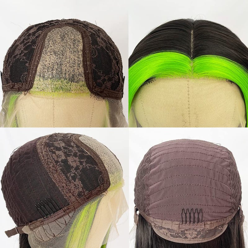 QD-Tizer Synthetic Lace Front Wigs Black Long Straight Hair Fluorescent Green Highlights Wig Heat Resistant Fiber Natural Hair Line Middle Part - Image 5