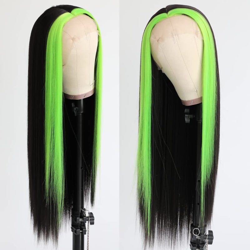 QD-Tizer Synthetic Lace Front Wigs Black Long Straight Hair Fluorescent Green Highlights Wig Heat Resistant Fiber Natural Hair Line Middle Part - Image 2