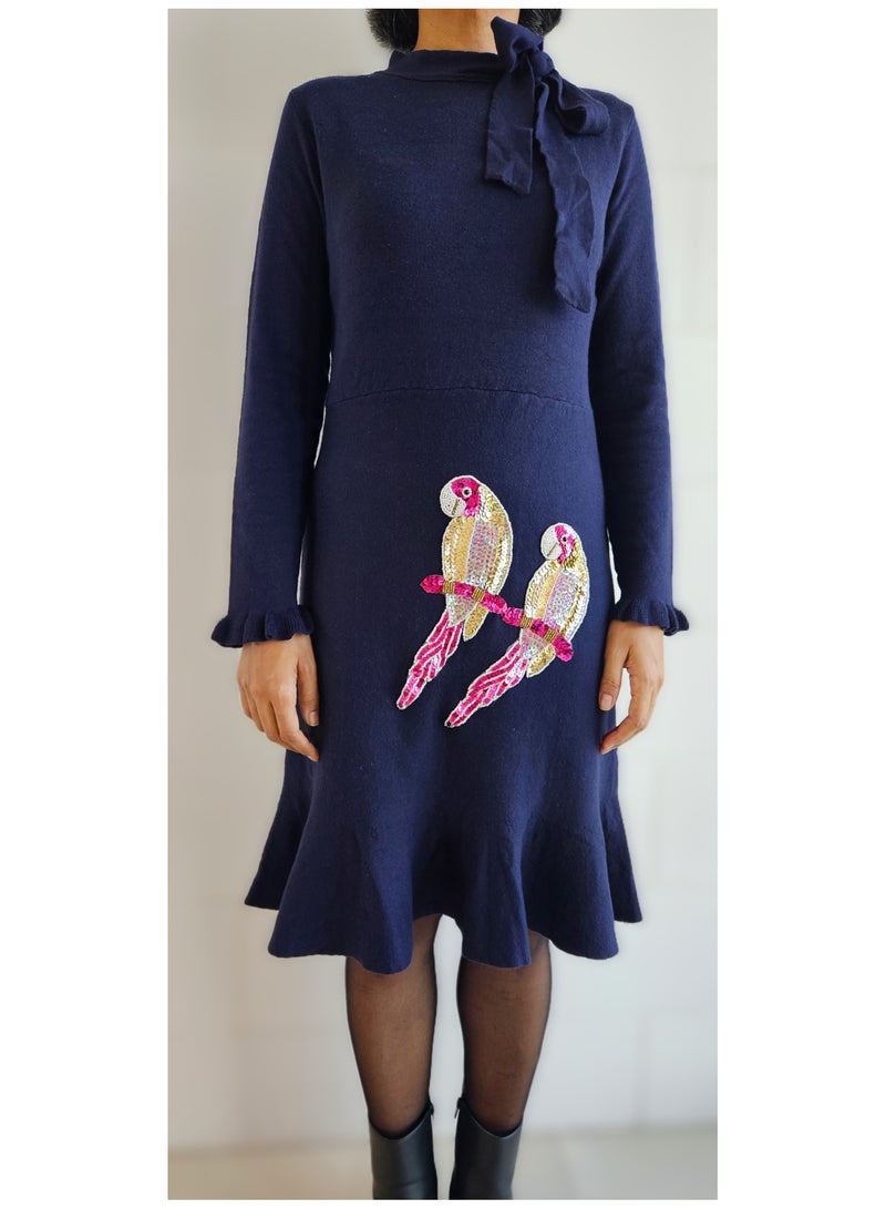 JewelOnPalette Women's Wool Blend Dress with Hand Embroidered Sequins Parrots - Small Size Navy Blue Long Sleeve Winter Knit Dress with Ruffle Hem and Bow Detail JewelOnPalette  - Image 1
