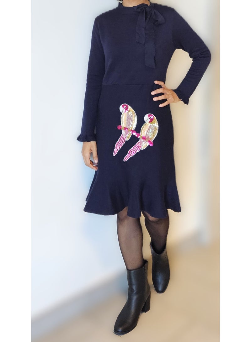 JewelOnPalette Women's Wool Blend Dress with Hand Embroidered Sequins Parrots - Small Size Navy Blue Long Sleeve Winter Knit Dress with Ruffle Hem and Bow Detail JewelOnPalette  - Image 2