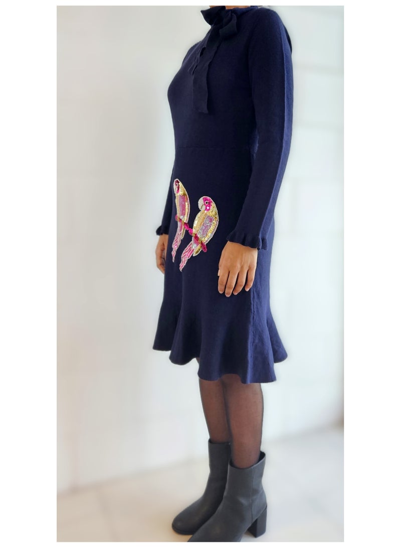 JewelOnPalette Women's Wool Blend Dress with Hand Embroidered Sequins Parrots - Small Size Navy Blue Long Sleeve Winter Knit Dress with Ruffle Hem and Bow Detail JewelOnPalette  - Image 3