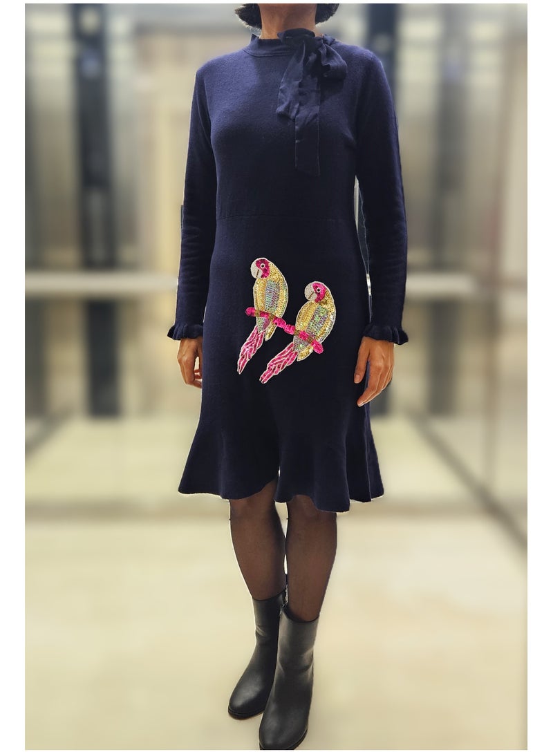 JewelOnPalette Women's Wool Blend Dress with Hand Embroidered Sequins Parrots - Small Size Navy Blue Long Sleeve Winter Knit Dress with Ruffle Hem and Bow Detail JewelOnPalette  - Image 5