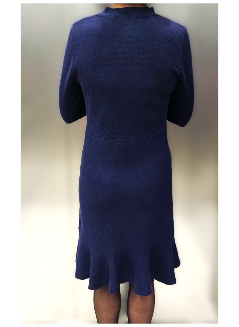 JewelOnPalette Women's Wool Blend Dress with Hand Embroidered Sequins Parrots - Small Size Navy Blue Long Sleeve Winter Knit Dress with Ruffle Hem and Bow Detail JewelOnPalette  - Image 4