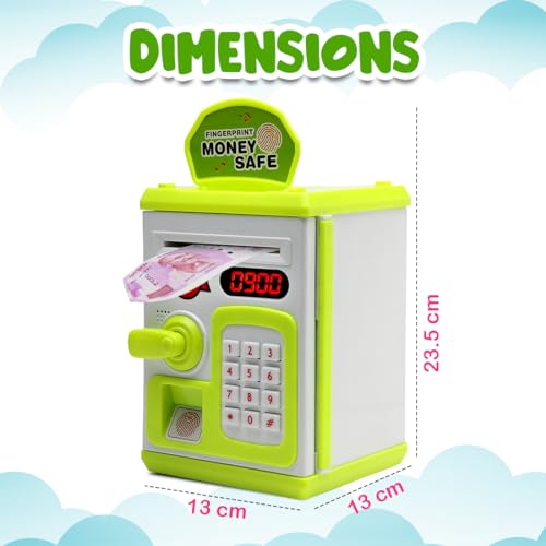 Gooyo GY-3011 Toy Money Bank with Fingerprint Sensor & Password Protection Feature | Money Safe Toy with Sound Effects | Money Saving Toy for Kids | Green, Power Source : 3xAA Batteries (Not Included) - Image 3