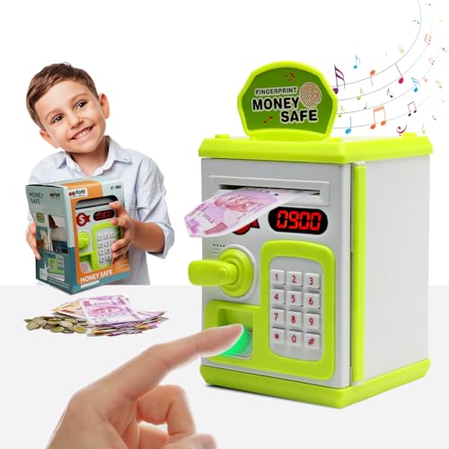 Gooyo GY-3011 Toy Money Bank with Fingerprint Sensor & Password Protection Feature | Money Safe Toy with Sound Effects | Money Saving Toy for Kids | Green, Power Source : 3xAA Batteries (Not Included) - Image 1